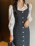 Liddell Tie Shirring Color Matching Tweed One Piece