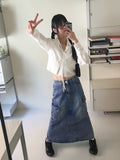 Pluck cut cargo pocket back band slit denim long skirt