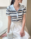 Oldin Stripe Collar Short Sleeve Knit