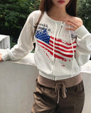 Burnoon American Flag Strap One Off Shoulder Long Sleeve Zip-up