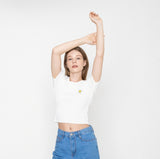 Flower Dot Embroidery Crop Short Sleeve Knit