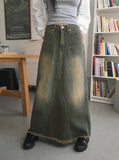 Yat Cat Sand Washing Damage Maxi Denim Long Skirt
