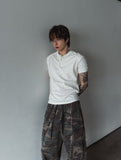 Rib shawl patch henley neck short sleeve t-shirt