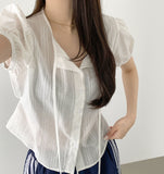 Summer Lace Pattern Puff Short Sleeve Ribbon Blouse
