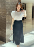 Bullet-Dot Wrinkle Jacquard Puff Sleeve Tee-Blouse