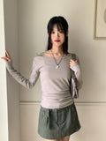 Hit Unbalanced Off-Shoulder Snap Long Sleeve T-Shirt
