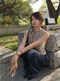 Peril See-through Ribbon Check Unbalance Blouse