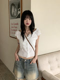 Roba Embossed Pearl Button Short Sleeve Blouse