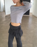 Mebel Shirring Off-Shoulder Back Slit Ribbon Strap Long-Sleeved T-Shirt