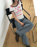 Fleet Off-Shoulder Lettering Print Ringer Color Matching Short Sleeve T-Shirt