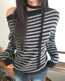 [Muffler SET] Ked Stripe Off-Shoulder Long-Sleeve Knit
