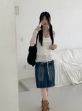 Petitron see-through ribbon strap long sleeve blouse