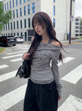 Drew Halter Layered Lettering Off-Shoulder T-Shirt