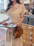 [Two Piece] Duere Linen Wrap Collar Shirt Long Skirt