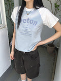 Piton Raglan Stripe Color Matching Lettering Cropped Short Sleeve T-Shirt