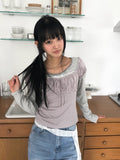 Deto Shirring Heart Neck Lace Ribbon Short Sleeve T-Shirt