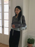 Near angora fur color matching stripe two-way diagonal zipper long sleeve knit