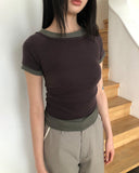 Poson Color Matching Shirring Short Sleeve T-shirt