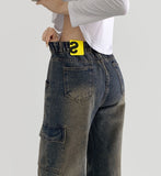 Cargo Pocket Washing Cut Line Wide Fit Denim Pants