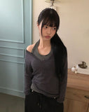 Sheen Layered Shirring V-Neck Long Sleeve T-Shirt