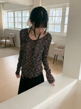[Scarp set] Feld Checkered See-through Shirring Long Sleeve T-shirt