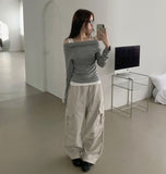 Drape Off-Shoulder Knit Layered Fake Layered T-shirt