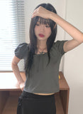 Kelle Ribbon Shirring Mesh Air Puff Crop Short Sleeve T-shirt
