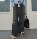 Cross Damage Banding Denim Pants