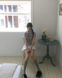 [MADE/TieSET] Canding Check Tie Collar Puff Short Sleeve Shirt Blouse