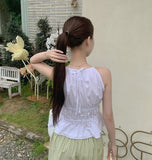 Summer Halterneck Back Ribbon Smocke Banding Sleeveless Blouse