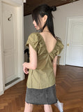 Blon V-Neck Shirring Pleated Puff Short Sleeve Blouse