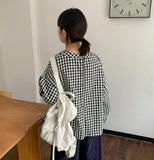 Enchoi Check Button Round Blouse