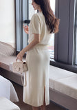 Elnia V-neck Puff Knit Cardigan H-Line Skirt Set