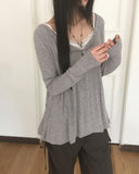 Hoshiv Button Shirring Layered Long Sleeve T-Shirt