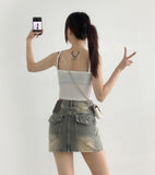 Hip-up Vintage Back Pocket Point Washing H-line Denim Skirt