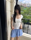 Lina Heartneck Punching Cap Sleeve Shirring Short Sleeve T-Shirt