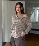 Dien Button Stripe Boat Neck Long Sleeve