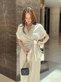 Hedden Linen Shirt Wrap Banding Wide Pants Set