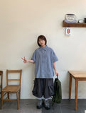[unisex] Bubblet Stripe Linen Over Short Sleeve Shirt