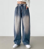 String Stopper Washing Long Wide Denim Pants