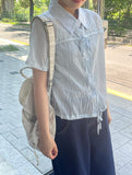 Felnas Stripe Ribbon Short Sleeve Blouse