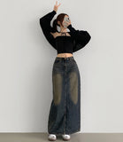 Slit H-line Washing Long Denim Skirt
