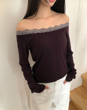 Enyu Lace Lip Neck Long Sleeve T-Shirt