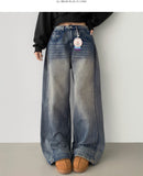 Washing Banding Heated Fabric Brushed Hem Snap Wide Fit Denim Pants XL~