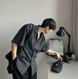 Linen s s open collar short sleeve shirt