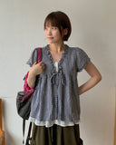 Qubin Layered Check Frill Short Sleeve Blouse