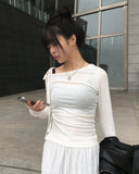 Block Unbalance Off Shoulder Shirred Long Sleeve Tee