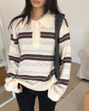 Cuff Stripe Color Matching Collar Loose Fit Long Sleeve Knit