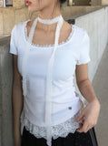 Beren Frill Lace Short Sleeve T Scarf Set