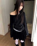 Royu Unbalanced Color Matching Shirring One-Off Shoulder Long Sleeve T-Shirt